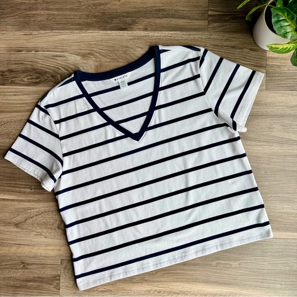 Athleta Size M Striped V Neck Tee White Navy Short Sleeve Top - Picture 8 of 9